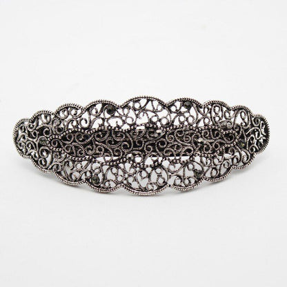 Women Hair Clips Metal Antique Black Silver Rhinestones Hairwear Barrette 10x4cm