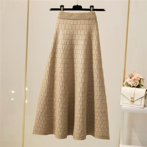 Elastic High Waist Knitted Skirt Women Plaid Solid Color A-line Bag Hip Skirt