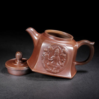 Vintage Chinese Yixing Purple Clay Teapot Zisha Ceramic Carving Guanyin Teaware