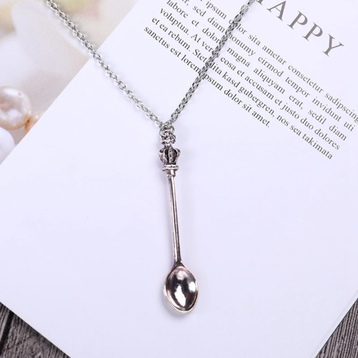 Tiny Silver Tea Spoon Shape Charm Pendant Necklace with Crown - Gift