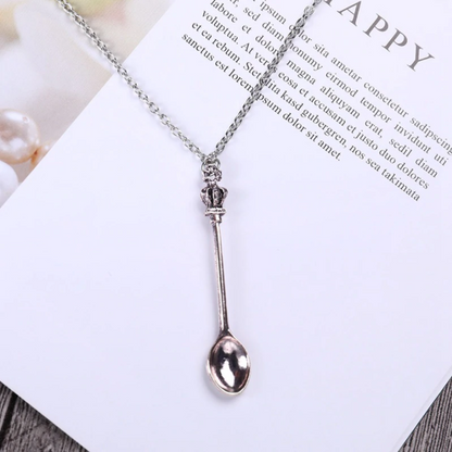 Tiny Silver Tea Spoon Shape Charm Pendant Necklace with Crown - Gift