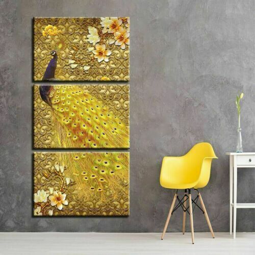 Luxury Golden Long Tail Peacock 3 PCs Canvas Print Wall Art Home Decor Cuadros