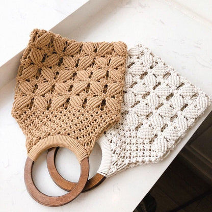 Woven Bag Hollow Beach Purse Wooden Handle Ring Straw Handbag Tote Flap Cotton