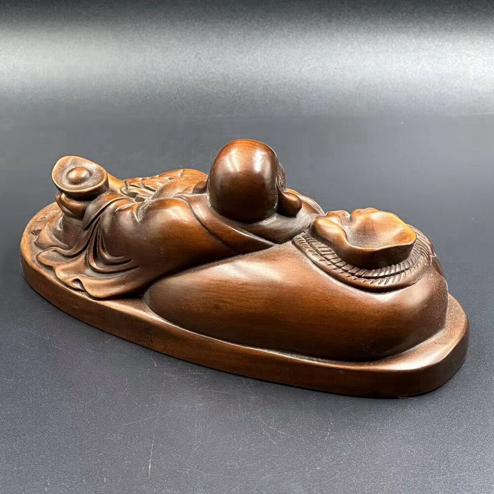 Antique Chinese Boxwood Wood Carved Maitreya Buddha Statue Wooden Decor Artwork