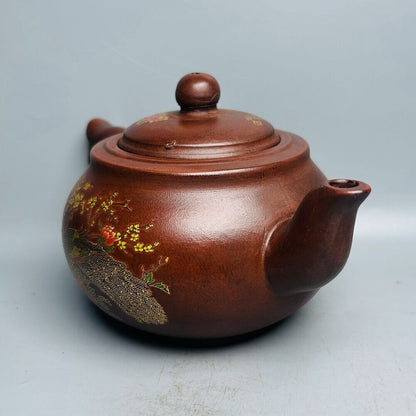 Vintage Chinese Yixing Purple Clay Teapot Zisha Ceremony Painted Peacock Teaware