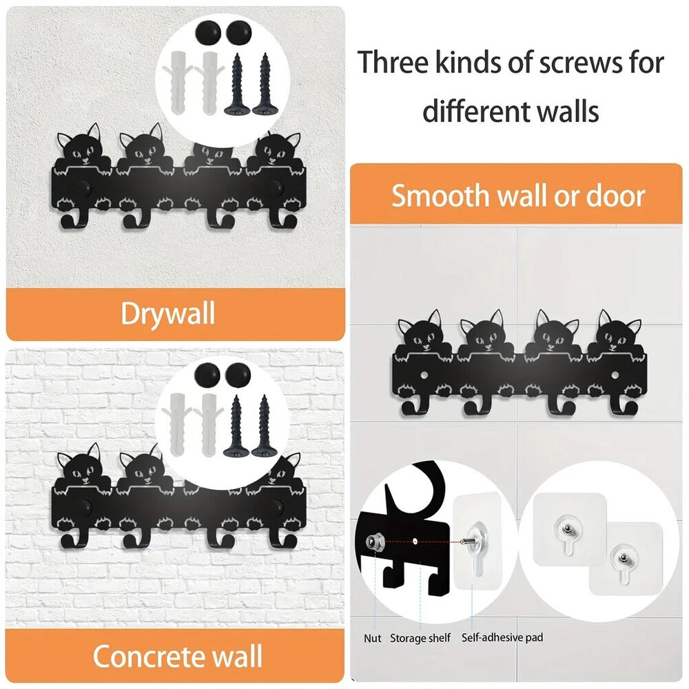 1pc Wall Mounted Cats Key Rack, Black Metal Key Holder, Storage Rack Hook