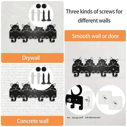 1pc Wall Mounted Cats Key Rack, Black Metal Key Holder, Storage Rack Hook