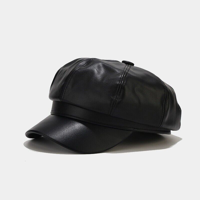 Lady Girl Newsboy Gatsby Beret Baker Boy Hat Cap Sheepskin Leather Vintage Black