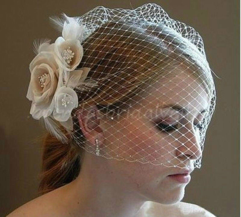 New Women New Champagne Flower Fascinator Wedding Bridal Birdcage Face Veil Stoc