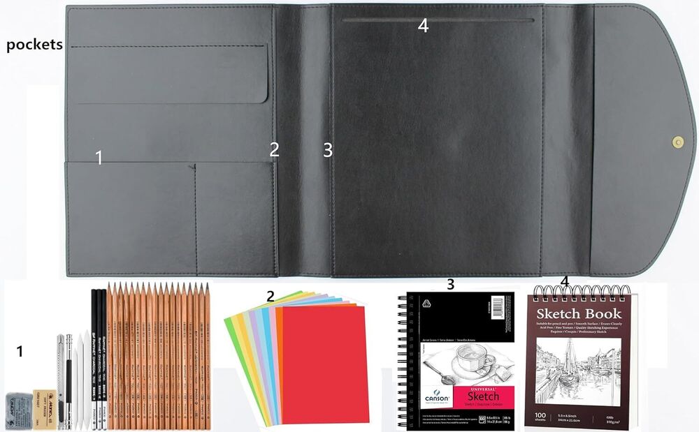 Drawing Book Cover Sketchbook Portfolio with Pencils Leather Artist Bag Gifts