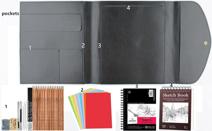 Drawing Book Cover Sketchbook Portfolio with Pencils Leather Artist Bag Gifts