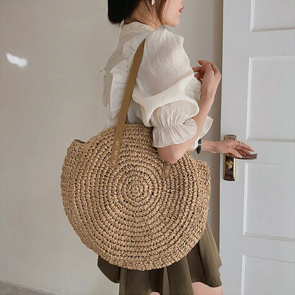 Women Boho Woven Handbag Summer Beach Tote Straw Bag Round Rattan Shoulder Bag