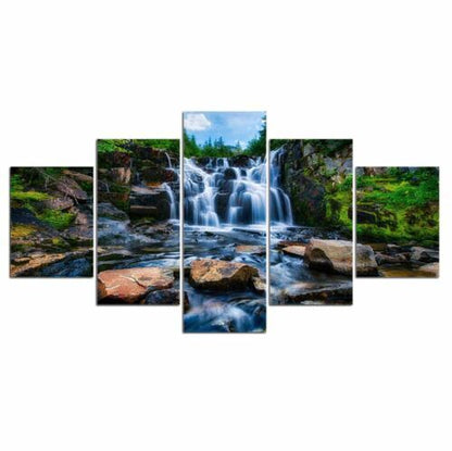 Waterfall Forest Stream 5 Pieces Canvas Wall Art Painting Poster Home Decor