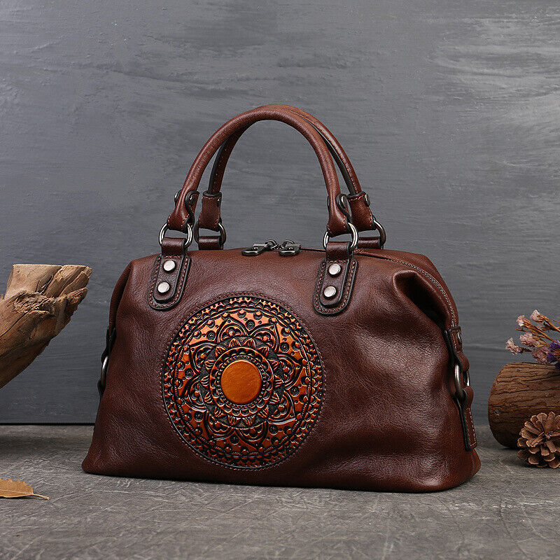 Genuine Leather Womens Bag Retro Handbag Floral Embossed Sling Shoulder Bag