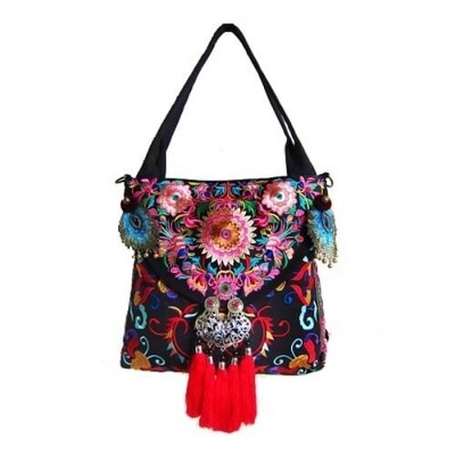 Canvas Embroidered Handbags Vintage Handmade Feather Tassel Soft Shoulder Purses