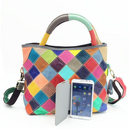 Multicolor Patch Real Leather Raw Edge Tote Shoulder Bag Purse Crossbody Handle