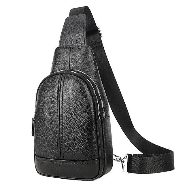 Real Cow Leather Black Men Sling Backpack Crossbody Bag for Hiking Shoulder Bag