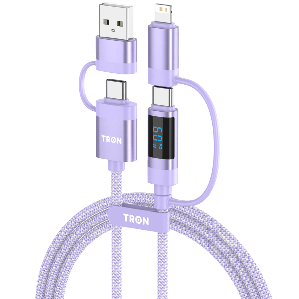 TRON 60W 4-in-1 Braided Charging Cable with Smart Digital Display, 5FT