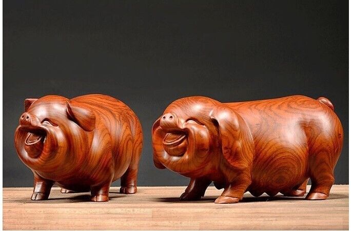 Pig Figurine Feng Shui Mahogany Wood Craft Carving Handmade Home Ornament 8-15cm