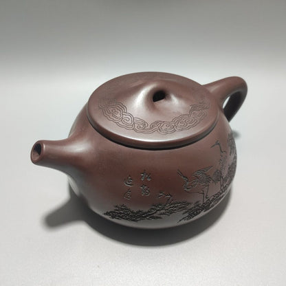 Chinese Yixing Purple Clay Teapot Zisha Ceramic Carving Pine Crane Tea Set Rare