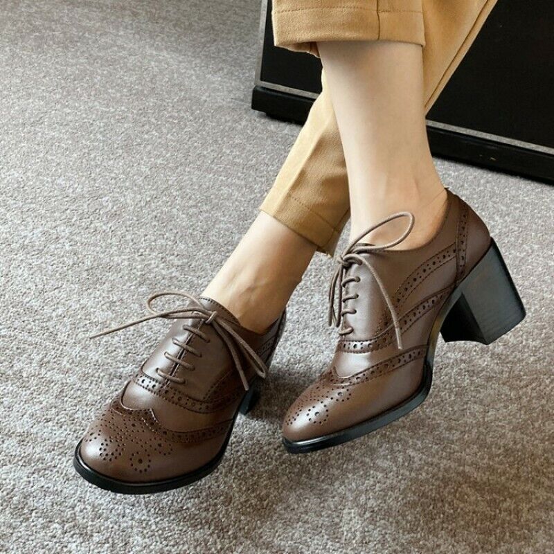 Womens Lace Up Round Toe Pumps Brogue Wing Tip Oxford College Style Casual Shoes