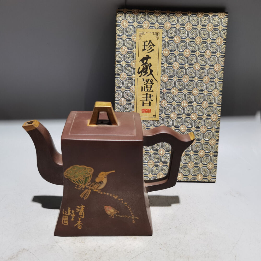 Chinese Yixing Zisha Clay Handmade Exquisite Teapot （四方描金壶 底款：施小马）