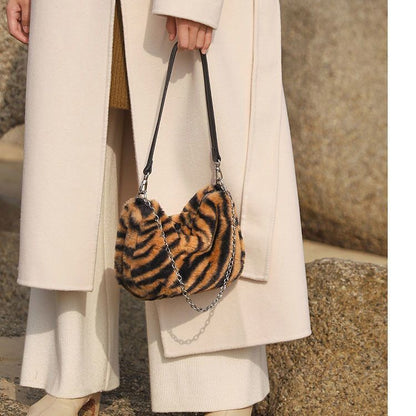 Winter Soft Plush Tote Purse Handbag Vintage Leopard Print Underarm Shoulder Bag