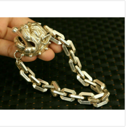 chinese miao silver hand carved dog head statue bracelet decorate Jewellery gift
