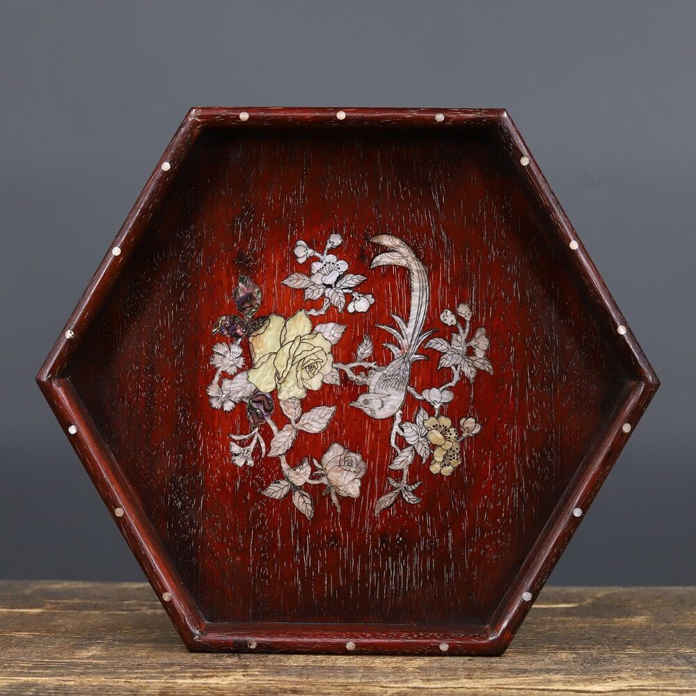 Precious solid wood, sandalwood wood carving, inlaid shell, cow hair, hexagonal
