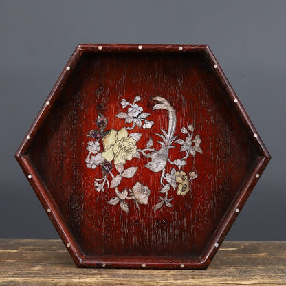 Precious solid wood, sandalwood wood carving, inlaid shell, cow hair, hexagonal