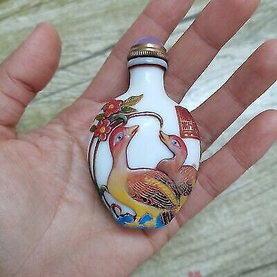 vintage carved painted peking glass bird charms cranes red white snuff bottle