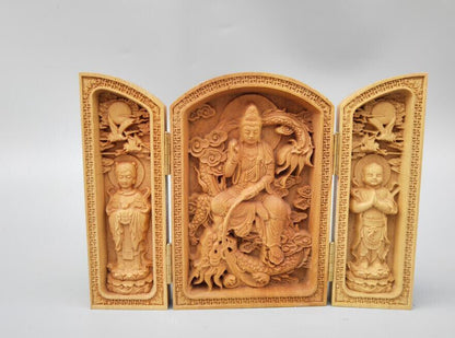 Chinese wood carving guanyin bodhisattva Buddha Riding dragon statue
