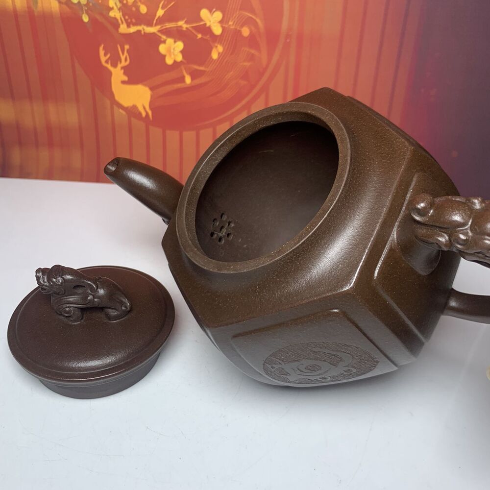 Vintage Chinese Yixing Purple Clay Teapot Zisha Ceramic Carving Beast Tea Set