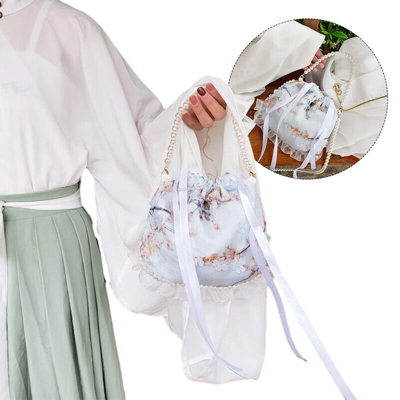 Chinese Hanfu Pearl Purse Tote Bag Ruffle Lace Embroidery Wallet Handbag Gift