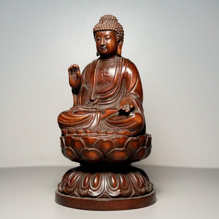 Vintage Chinese Wood Carving Buddha Statue Prayer Buddhist Boxwood Sculpture Art