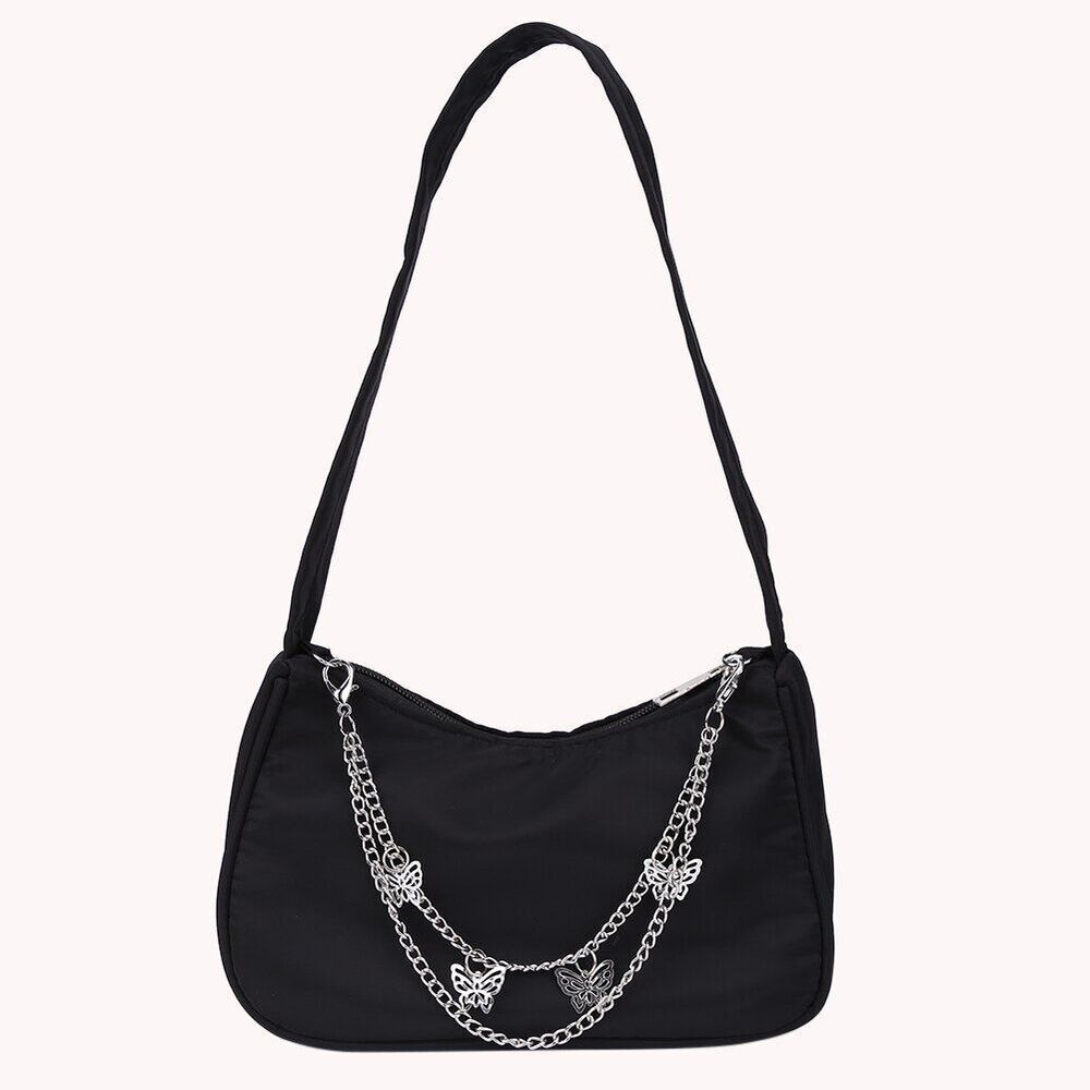 Women Small Shoulder Underarm Bag Leather Nylon Vintage Chain Zipper Handbags