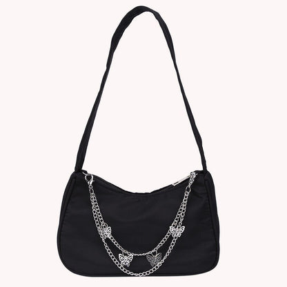 Women Small Shoulder Underarm Bag Leather Nylon Vintage Chain Zipper Handbags