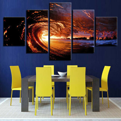 Sunset Ocean Huge Waves Sea Water 5 Panel Canvas Print Wall Art Poster Decor