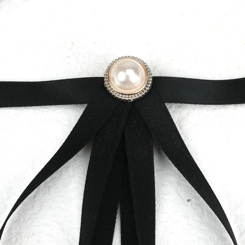 Women Pre-Tied Collar Bowknot Pearl Ribbon Brooches Pin Bow Tie Vintage Neckties