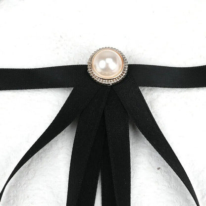Women Pre-Tied Collar Bowknot Pearl Ribbon Brooches Pin Bow Tie Vintage Neckties