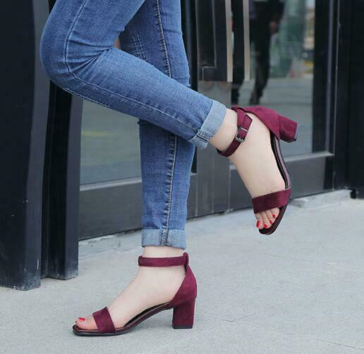 New Womens Ankle Strap Chunky Pumps High Heel Sandals Party Dress Open Toe Shoes