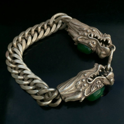 Collectible Chinese Green Jade Tibet Silver Handwork Auspicious Dragon Bracelet