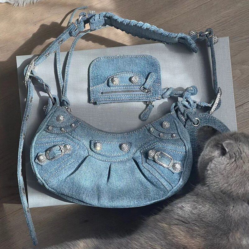 Shoulder Bag Handbag Pleated Rivet Fashion Underarm Bag Motorcycle Bag Polyester