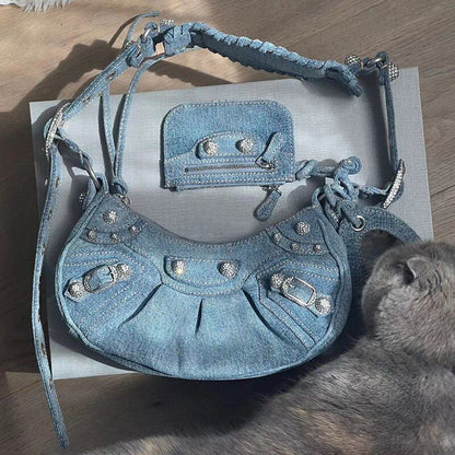 Shoulder Bag Handbag Pleated Rivet Fashion Underarm Bag Motorcycle Bag Polyester