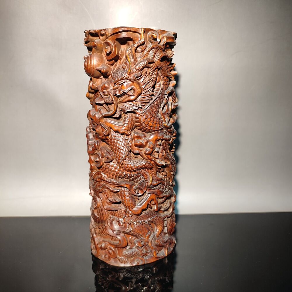 7"dragon statue desk study room chinese wood brush pot wooden decor carving home