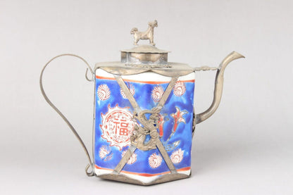 5.1" old Antique China Feng Shui porcelain inlaid with Tibetan silver Teapot