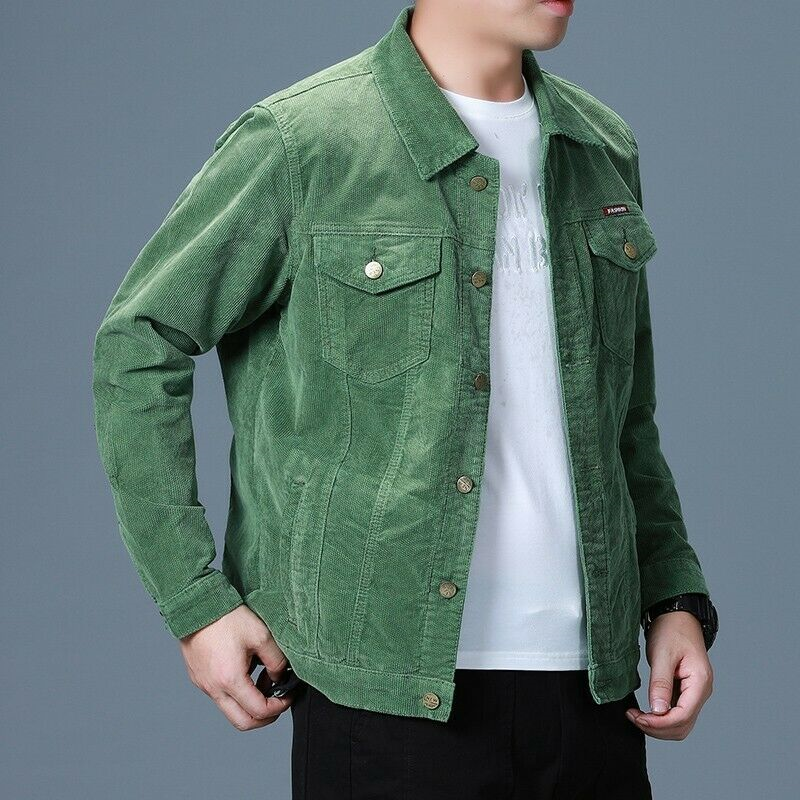 Men's Corduroy Jacket Single Breasted Tooling Outwear Slim Fit Retro style Coat