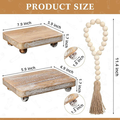 Wood Bead Garland and Wooden Risers Set Farmhouse Vintage Rustic Stand 3 Pieces