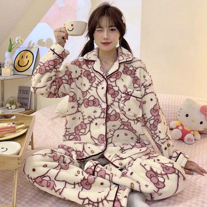 HelloKitty Pajamas Women's Winter Coral Plush Home Fur Set