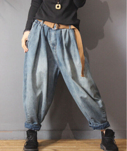 Retro Women's Denim Drop Pants Baggy Lantern Loose Fit Elastic Jeans Trousers @